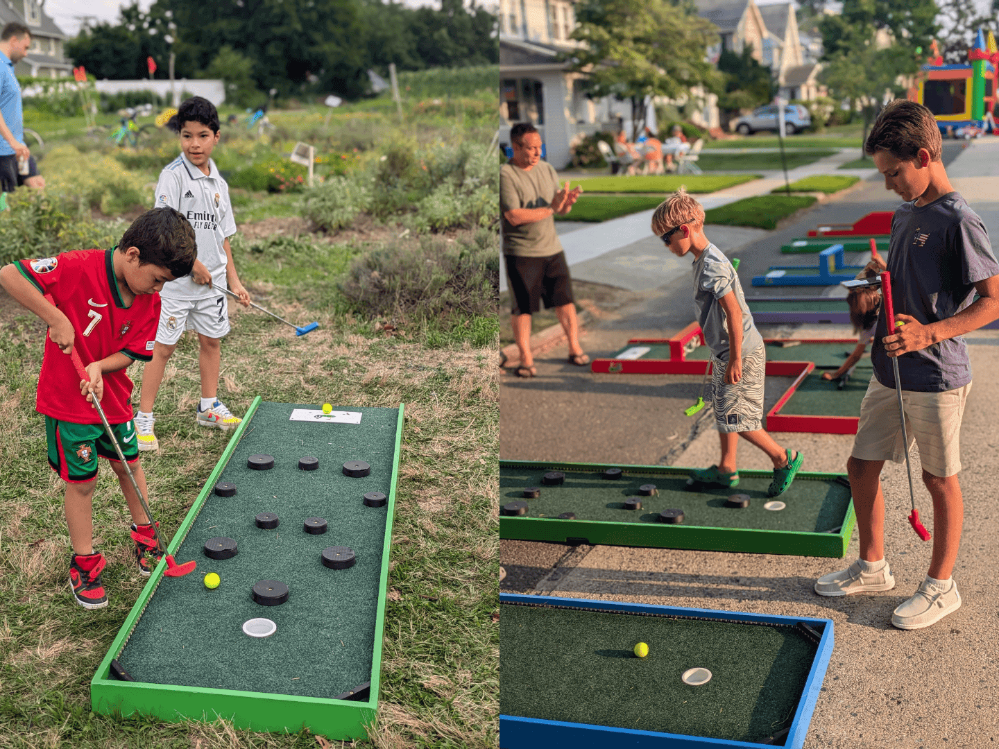a double image of a group of children playing on a mobile mini golf set brought by long island mini golf.