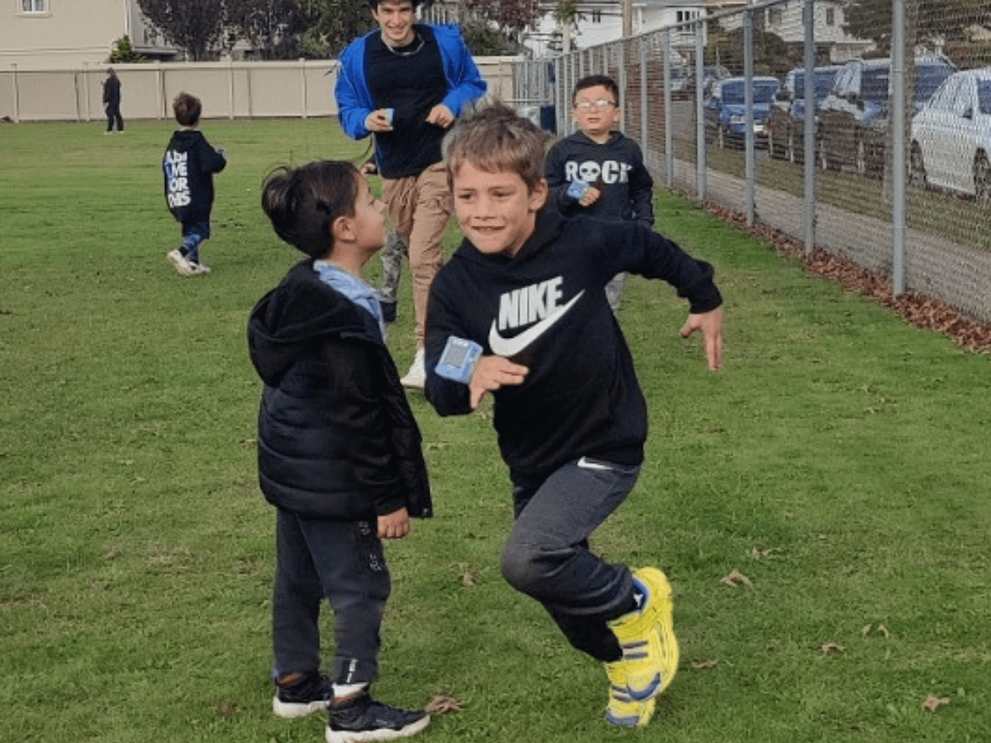 two ztag players running after each other. 