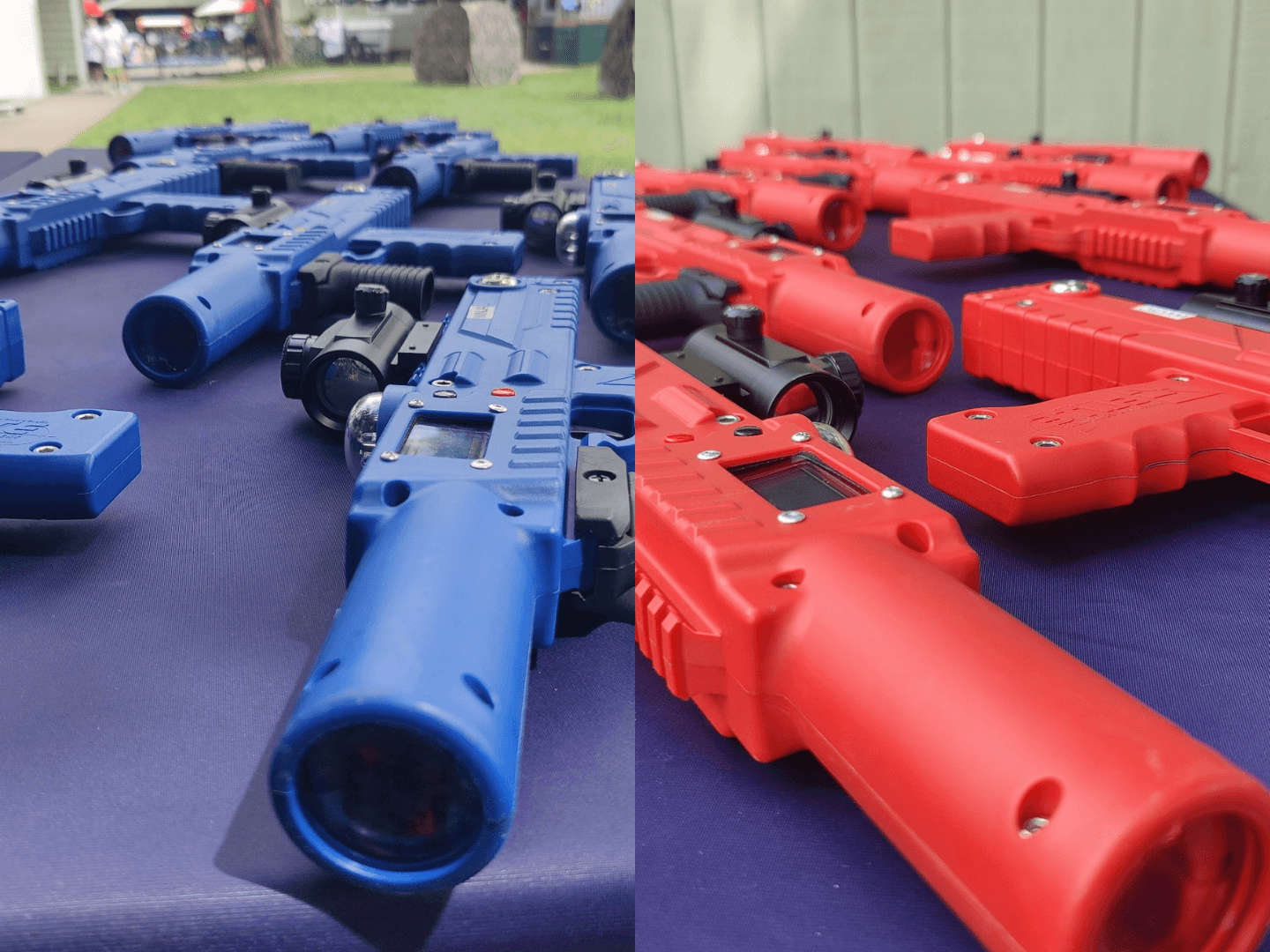 red and blue laser tag blasters side by side. 